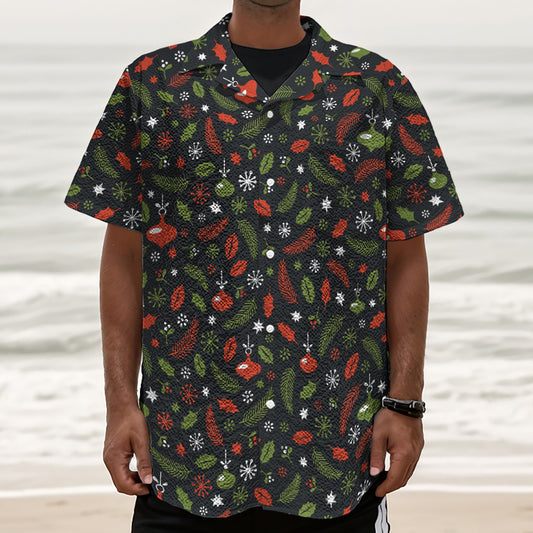 Christmas Decorations Pattern Print Textured Short Sleeve Shirt