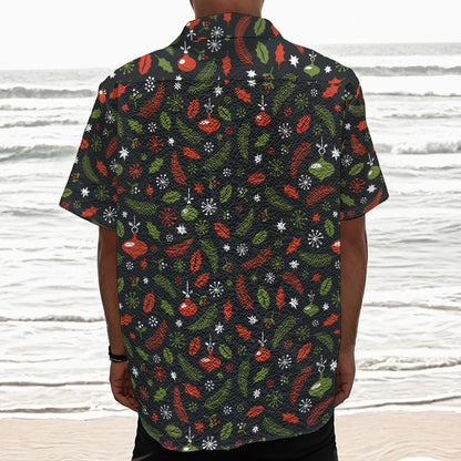 Christmas Decorations Pattern Print Textured Short Sleeve Shirt