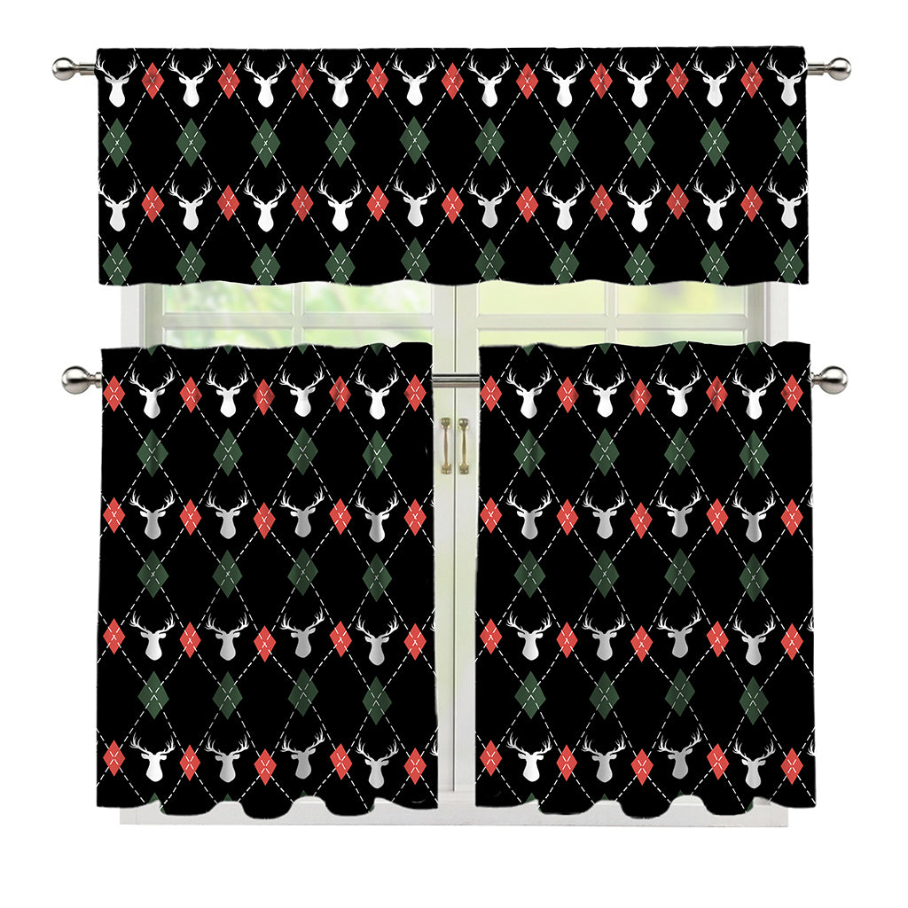 Christmas Deer Argyle Pattern Print 3 Piece Kitchen Curtains