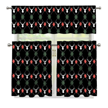 Christmas Deer Argyle Pattern Print 3 Piece Kitchen Curtains
