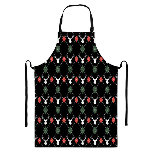 Christmas Deer Argyle Pattern Print Bib Apron With Pocket