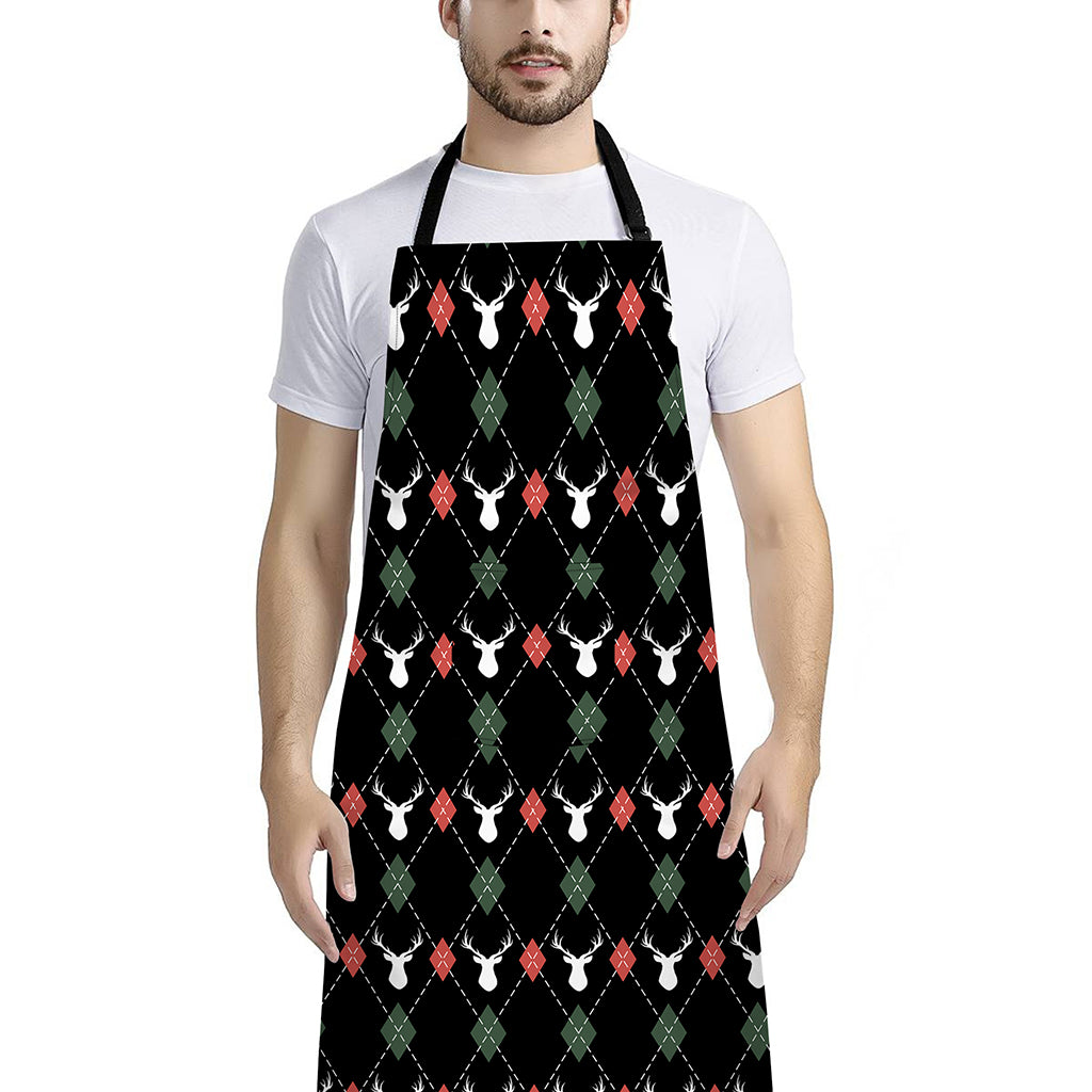 Christmas Deer Argyle Pattern Print Bib Apron With Pocket