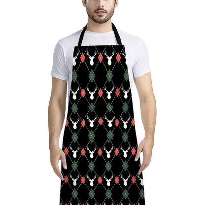 Christmas Deer Argyle Pattern Print Bib Apron With Pocket