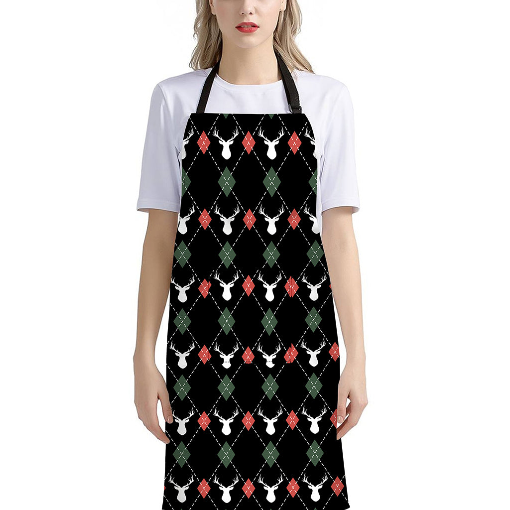Christmas Deer Argyle Pattern Print Bib Apron With Pocket