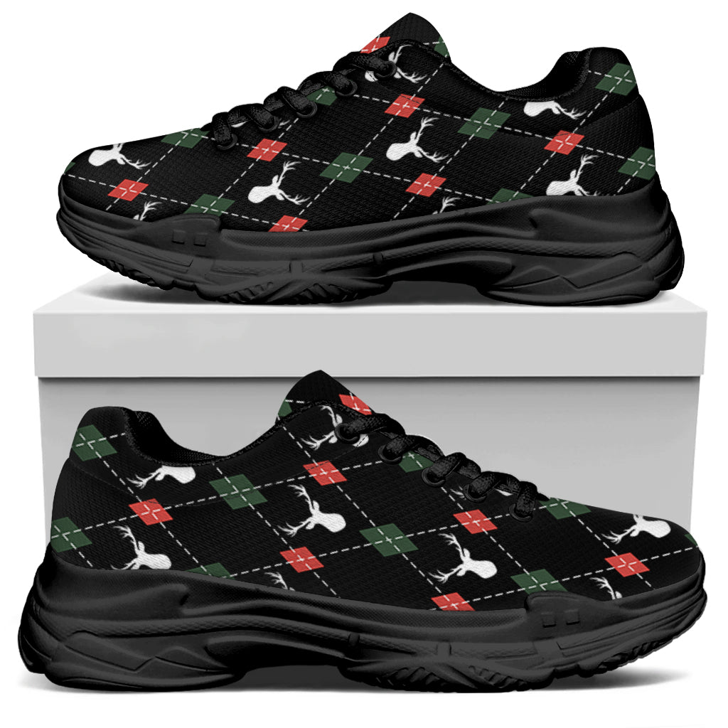Christmas Deer Argyle Pattern Print Black Chunky Shoes