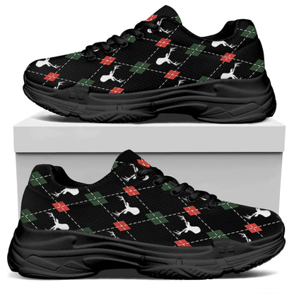 Christmas Deer Argyle Pattern Print Black Chunky Shoes