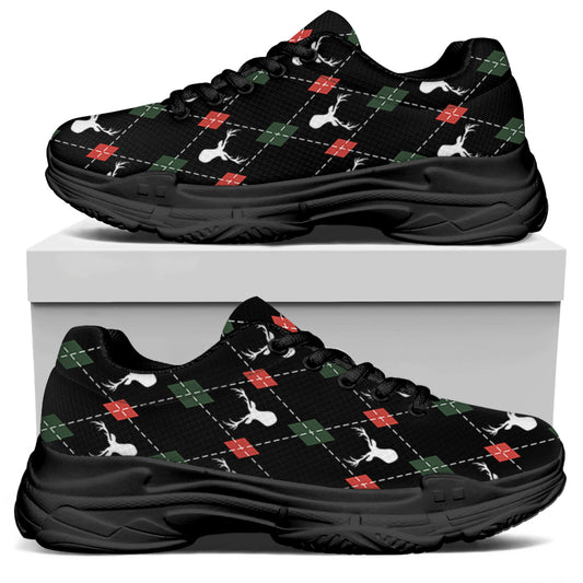 Christmas Deer Argyle Pattern Print Black Chunky Shoes