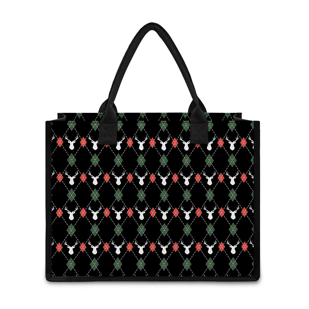 Christmas Deer Argyle Pattern Print Canvas Tote Bag