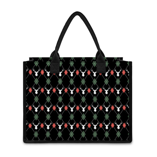 Christmas Deer Argyle Pattern Print Canvas Tote Bag
