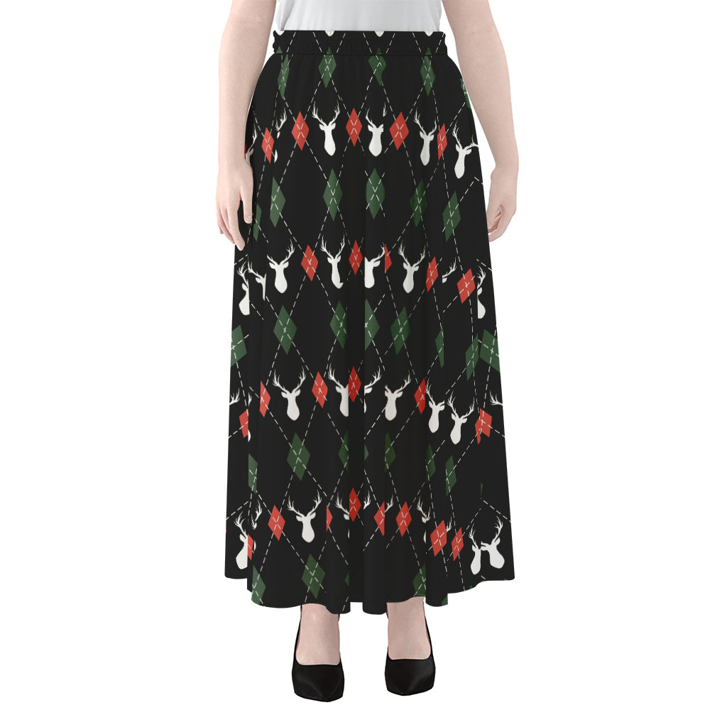 Christmas Deer Argyle Pattern Print Chiffon Maxi Skirt