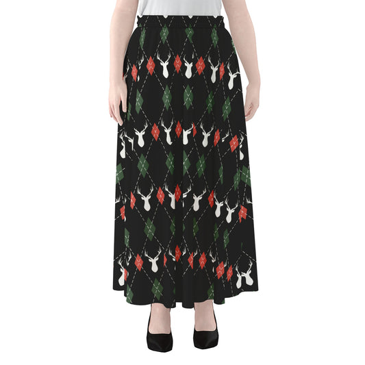 Christmas Deer Argyle Pattern Print Chiffon Maxi Skirt