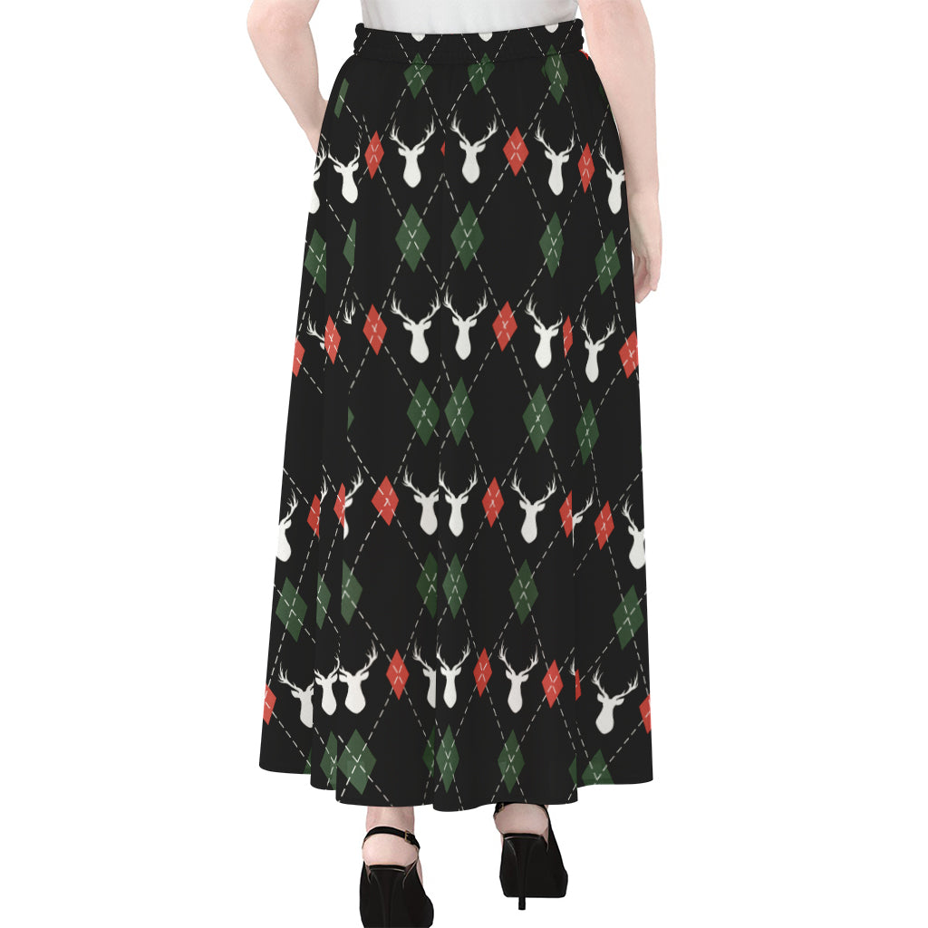 Christmas Deer Argyle Pattern Print Chiffon Maxi Skirt
