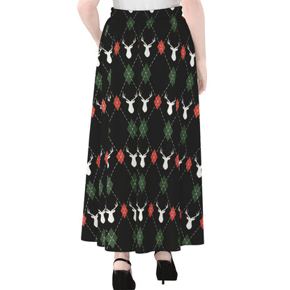 Christmas Deer Argyle Pattern Print Chiffon Maxi Skirt