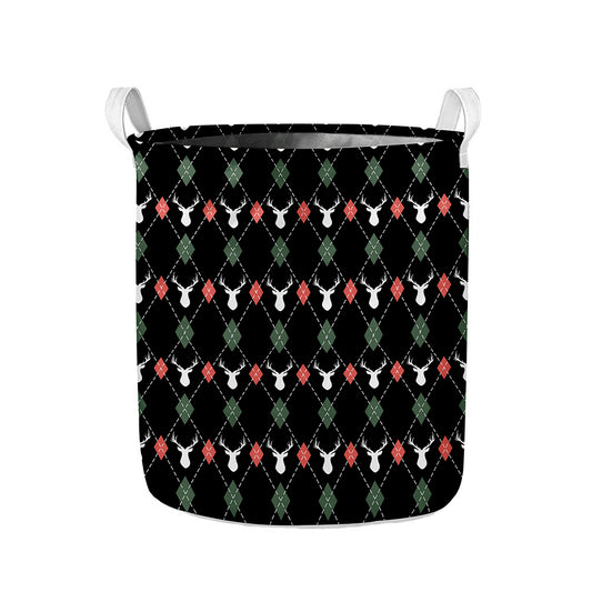 Christmas Deer Argyle Pattern Print Collapsible Laundry Basket
