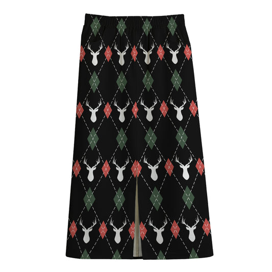 Christmas Deer Argyle Pattern Print Cotton Front Slit Maxi Skirt