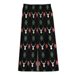 Christmas Deer Argyle Pattern Print Cotton Front Slit Maxi Skirt