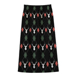 Christmas Deer Argyle Pattern Print Cotton Front Slit Maxi Skirt