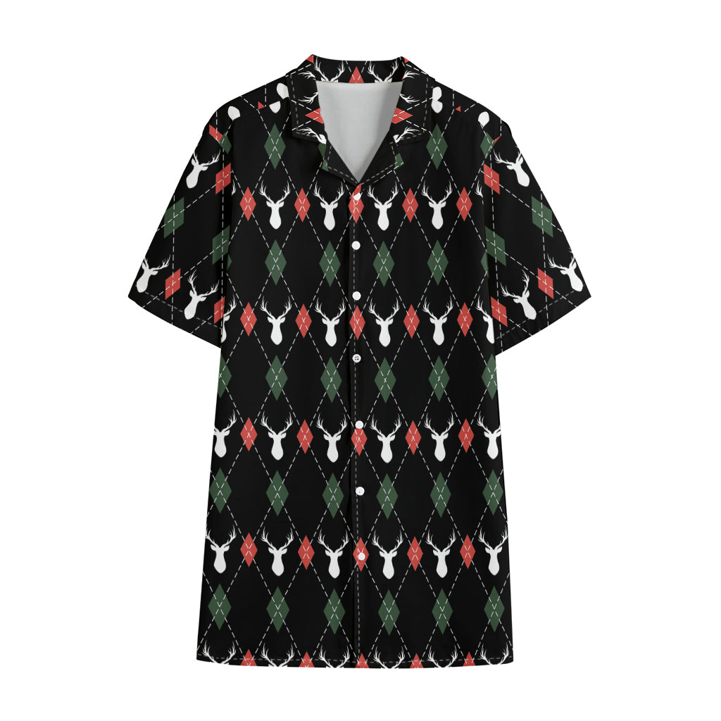 Christmas Deer Argyle Pattern Print Cotton Hawaiian Shirt