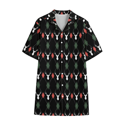 Christmas Deer Argyle Pattern Print Cotton Hawaiian Shirt