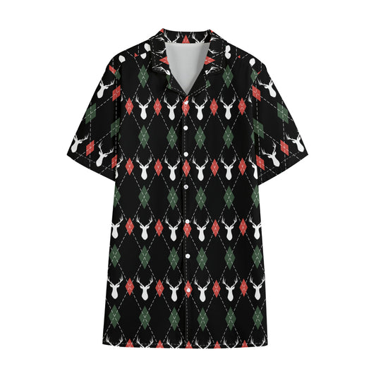 Christmas Deer Argyle Pattern Print Cotton Hawaiian Shirt