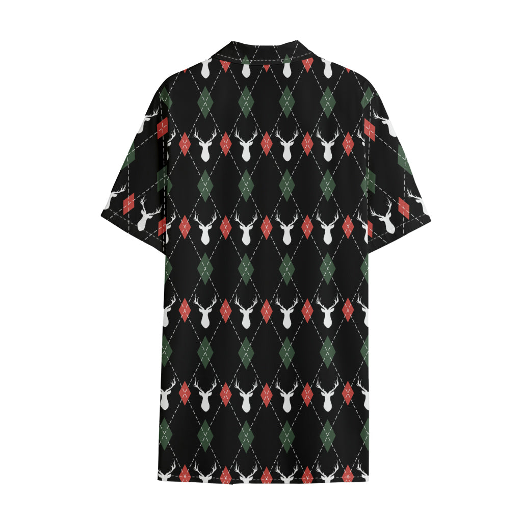Christmas Deer Argyle Pattern Print Cotton Hawaiian Shirt
