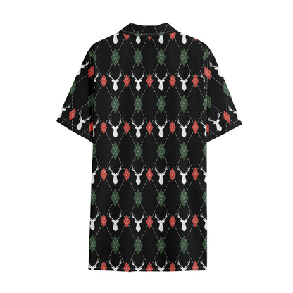 Christmas Deer Argyle Pattern Print Cotton Hawaiian Shirt