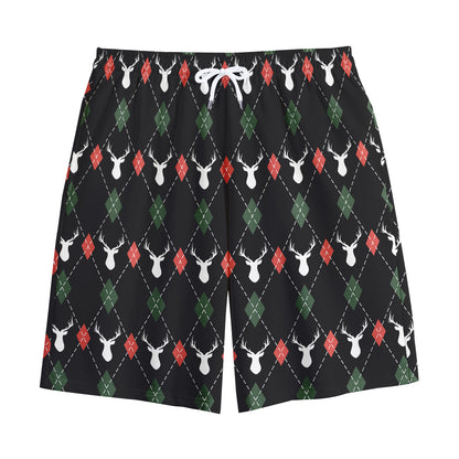 Christmas Deer Argyle Pattern Print Cotton Shorts