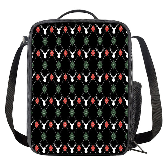 Christmas Deer Argyle Pattern Print Crossbody Lunch Bag