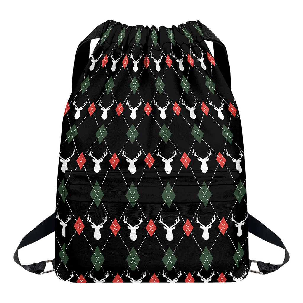 Christmas Deer Argyle Pattern Print Drawstring Backpack