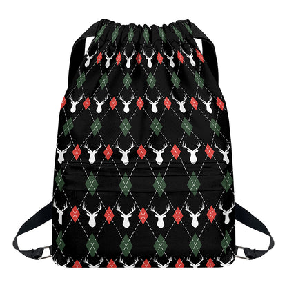 Christmas Deer Argyle Pattern Print Drawstring Backpack