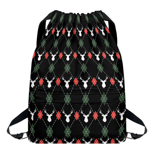 Christmas Deer Argyle Pattern Print Drawstring Backpack