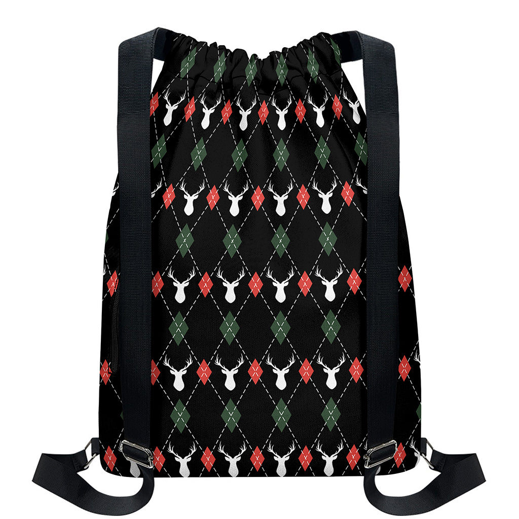 Christmas Deer Argyle Pattern Print Drawstring Backpack