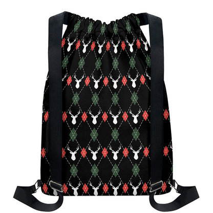 Christmas Deer Argyle Pattern Print Drawstring Backpack