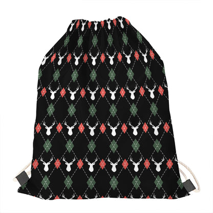 Christmas Deer Argyle Pattern Print Drawstring Bag