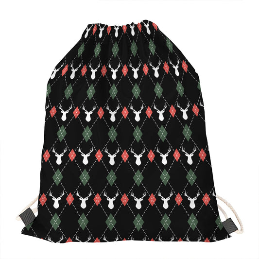 Christmas Deer Argyle Pattern Print Drawstring Bag