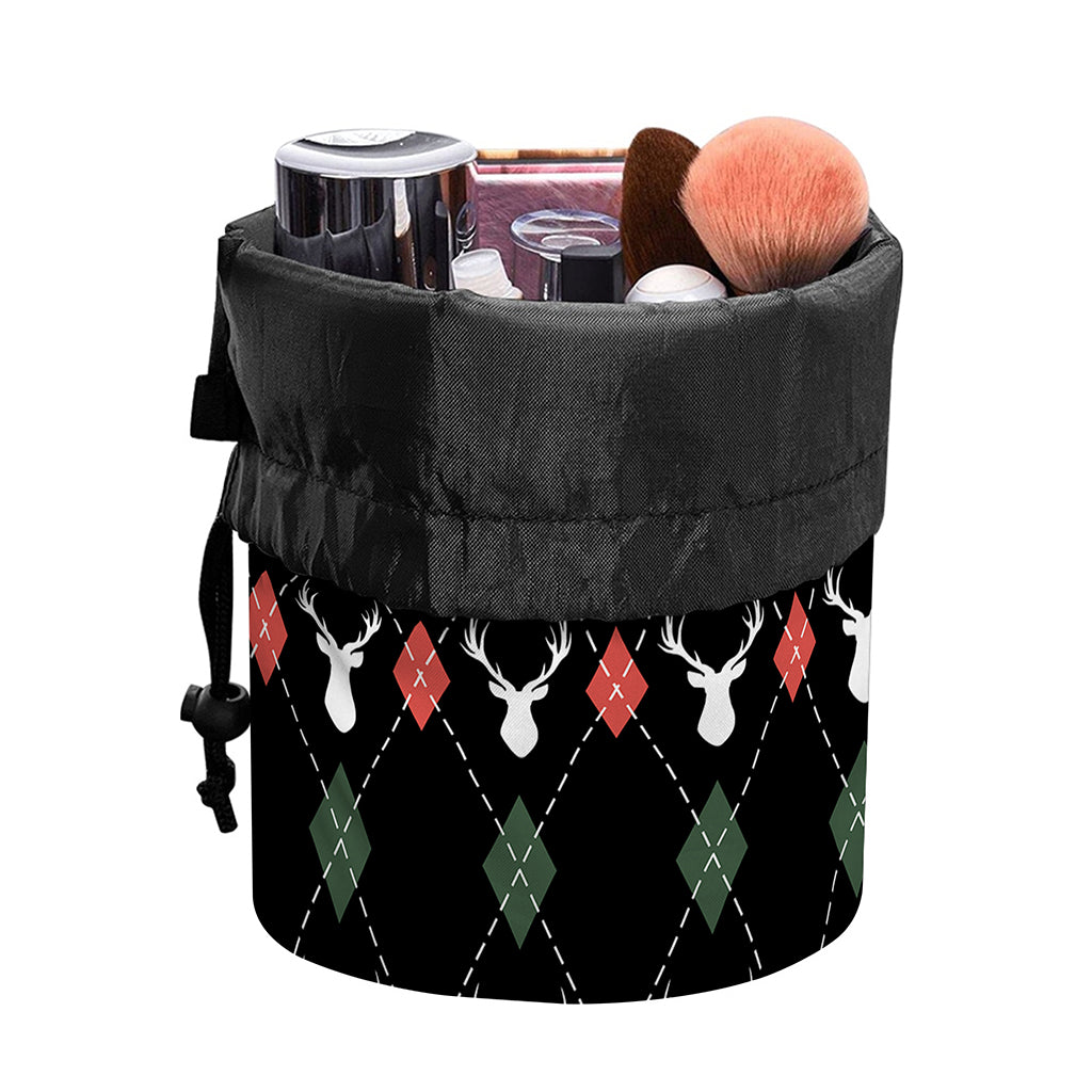 Christmas Deer Argyle Pattern Print Drawstring Makeup Bag