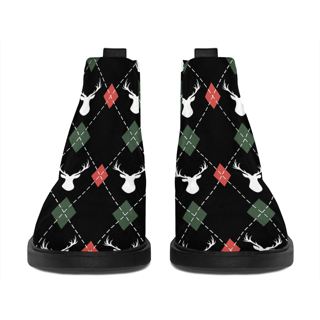 Christmas Deer Argyle Pattern Print Flat Ankle Boots