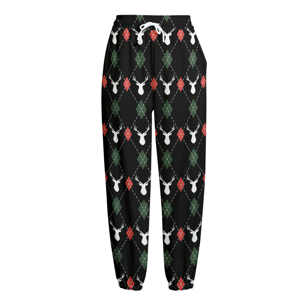 Christmas Deer Argyle Pattern Print Fleece Lined Knit Pants