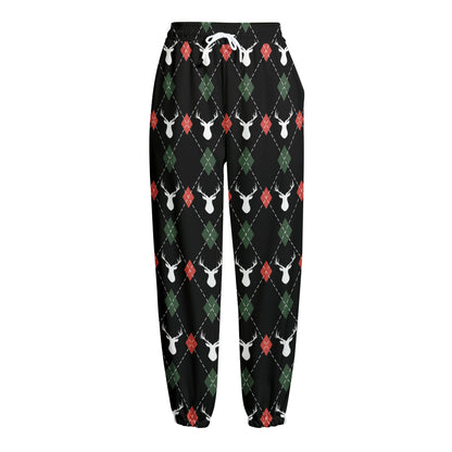 Christmas Deer Argyle Pattern Print Fleece Lined Knit Pants