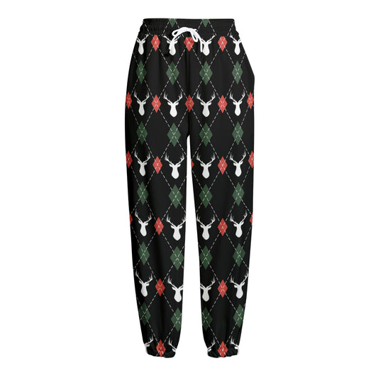 Christmas Deer Argyle Pattern Print Fleece Lined Knit Pants