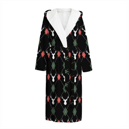 Christmas Deer Argyle Pattern Print Hooded Bathrobe