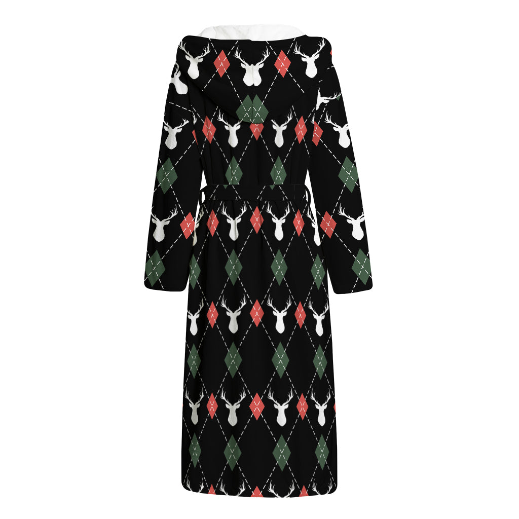 Christmas Deer Argyle Pattern Print Hooded Bathrobe