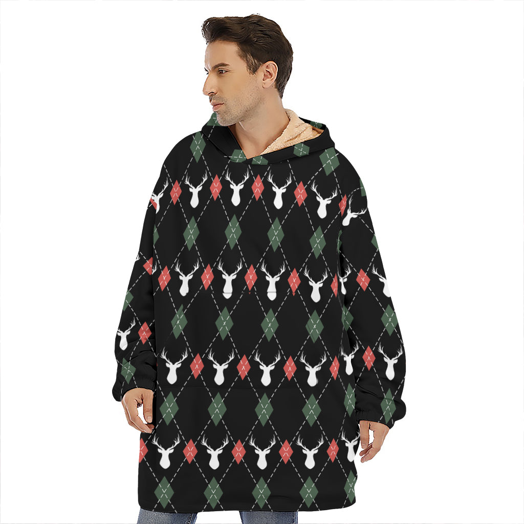 Christmas Deer Argyle Pattern Print Hoodie Blanket