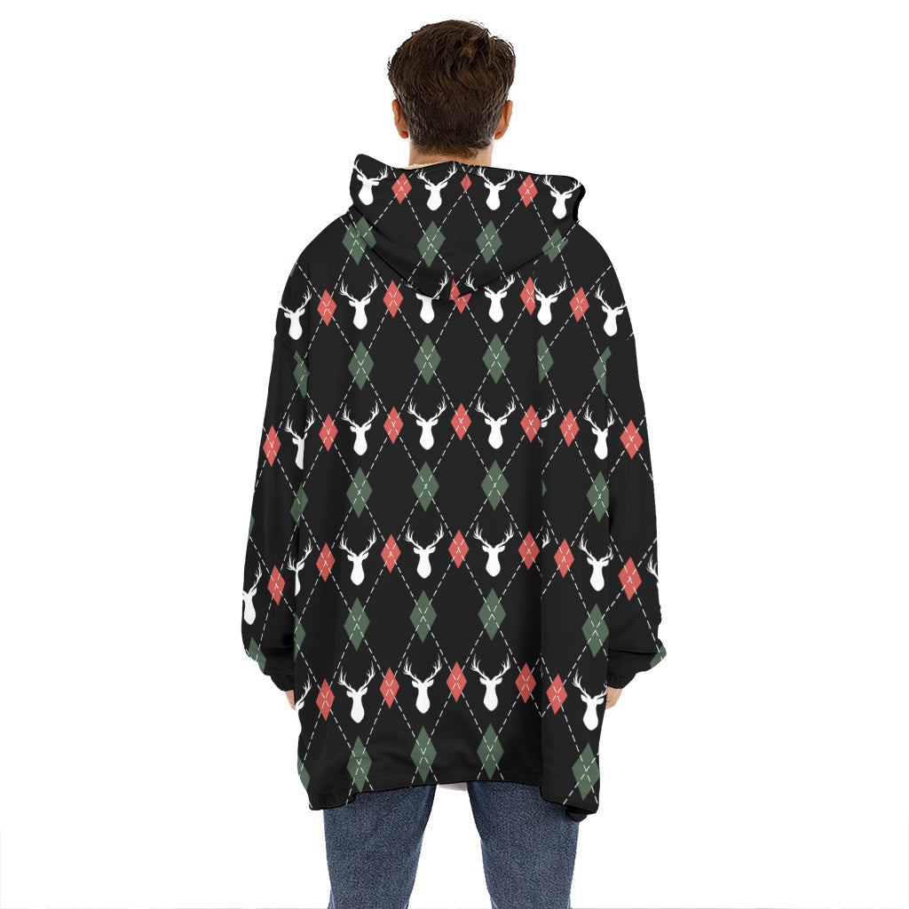 Christmas Deer Argyle Pattern Print Hoodie Blanket