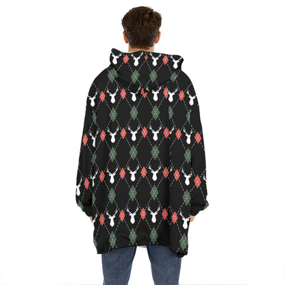 Christmas Deer Argyle Pattern Print Hoodie Blanket