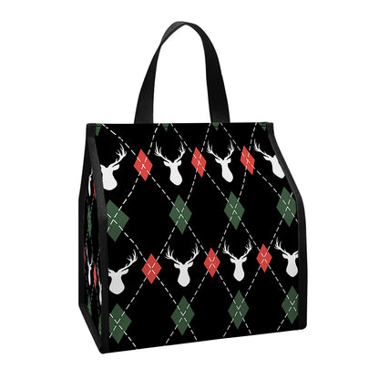 Christmas Deer Argyle Pattern Print Insulated Lunch Tote