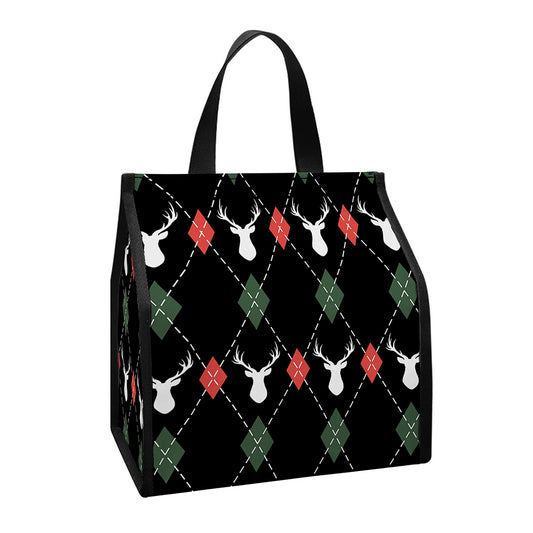 Christmas Deer Argyle Pattern Print Insulated Lunch Tote