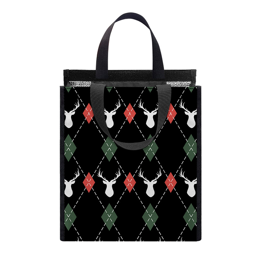 Christmas Deer Argyle Pattern Print Insulated Lunch Tote