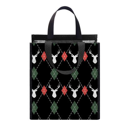Christmas Deer Argyle Pattern Print Insulated Lunch Tote