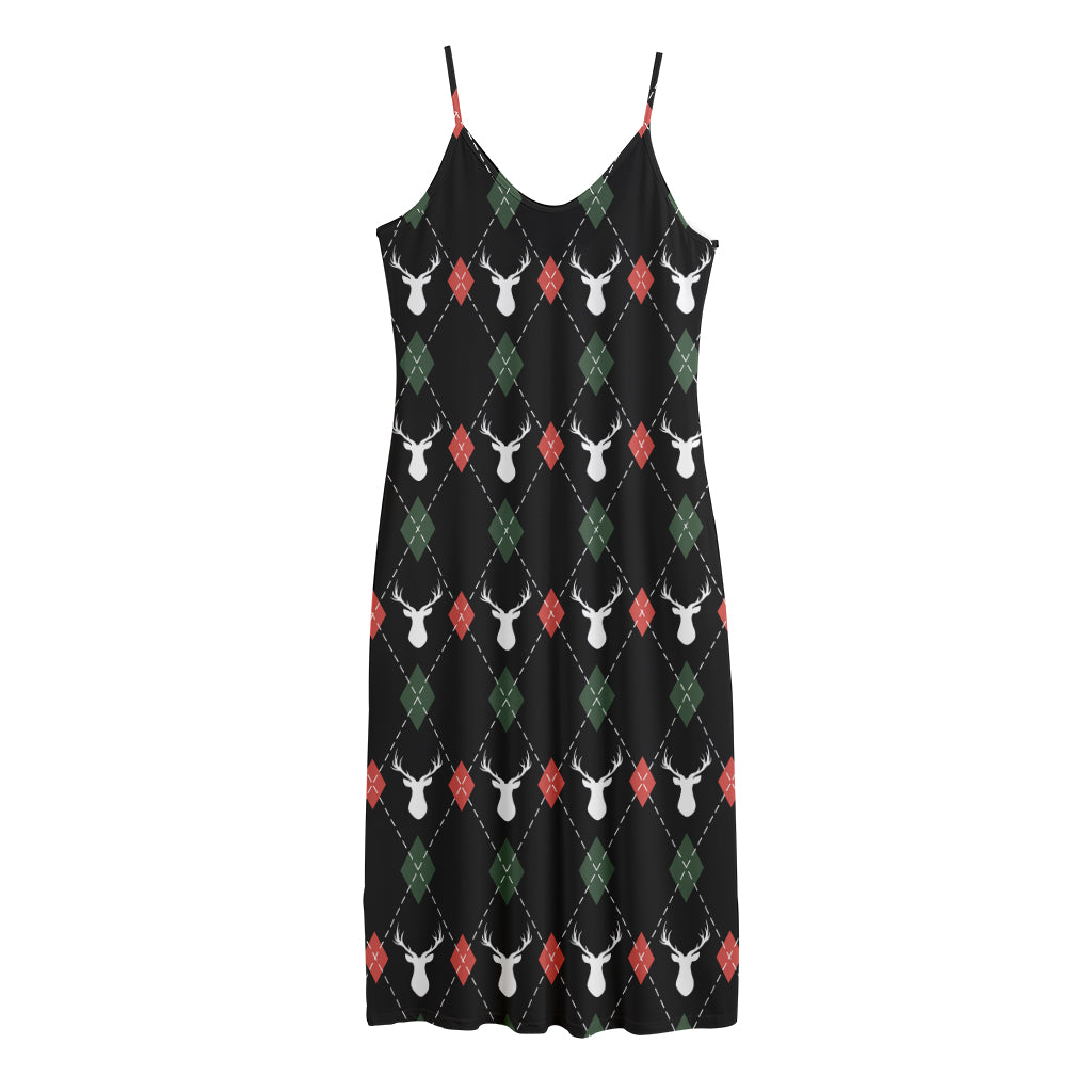 Christmas Deer Argyle Pattern Print Jersey Midi Cami Dress